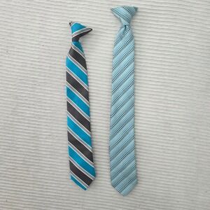Boys Clip On Necktie Set of 2 Turquoise Grey Stripe Light Blue Dotted RN 29526